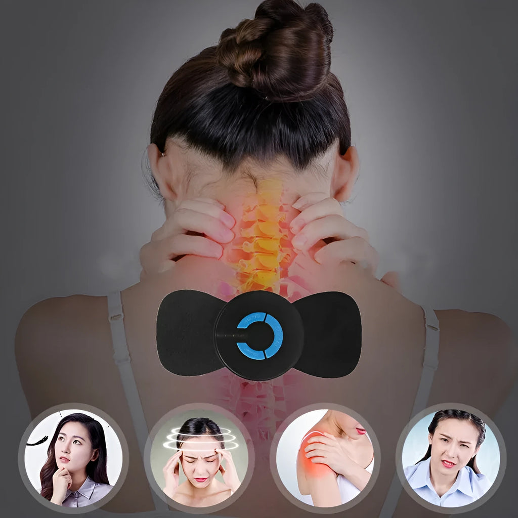 Mini electric shoulder and neck massager with massage patches, 15x7x2.3cm, black, rechargeable or battery powered