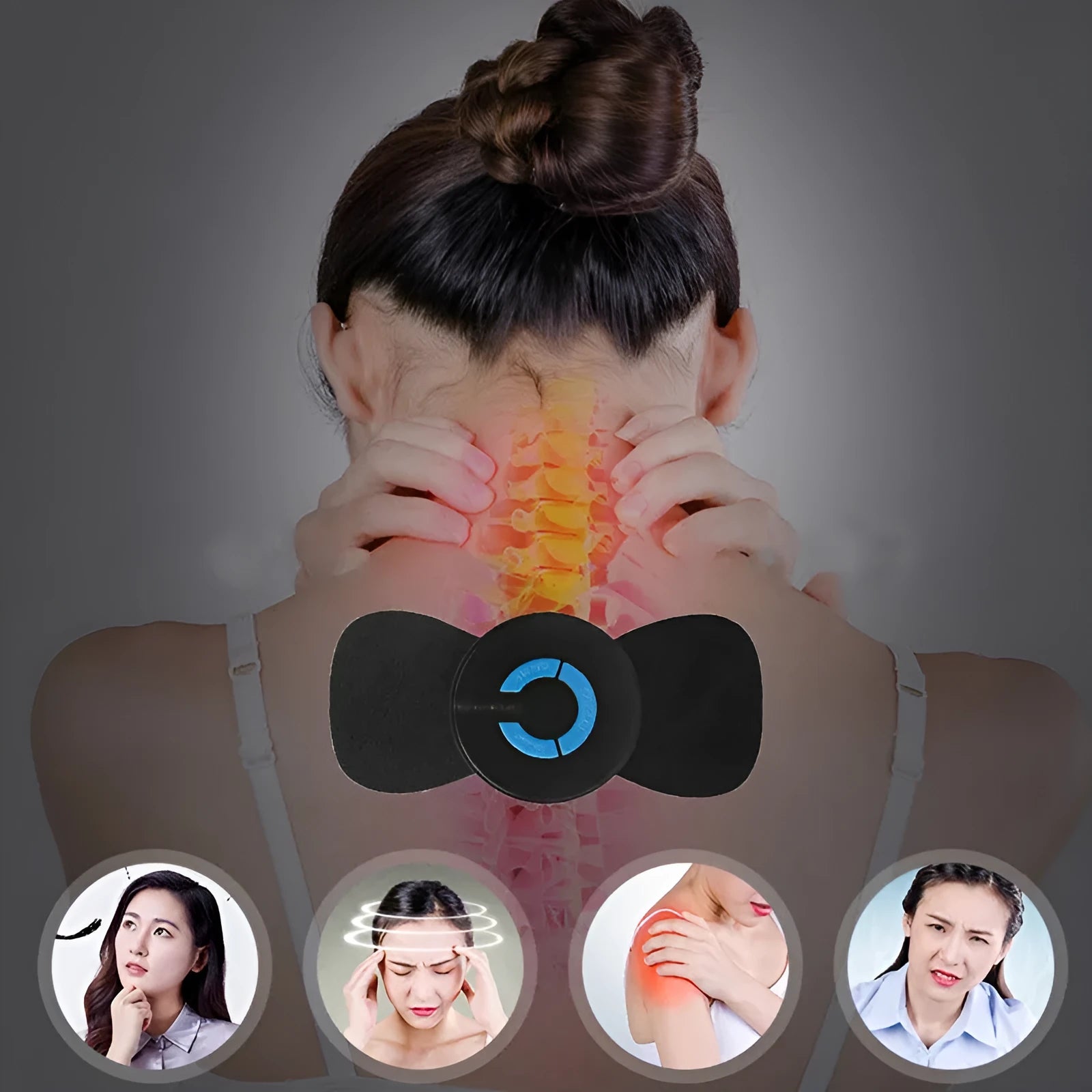 Mini electric shoulder and neck massager with massage patches, 15x7x2.3cm, black, rechargeable or battery powered
