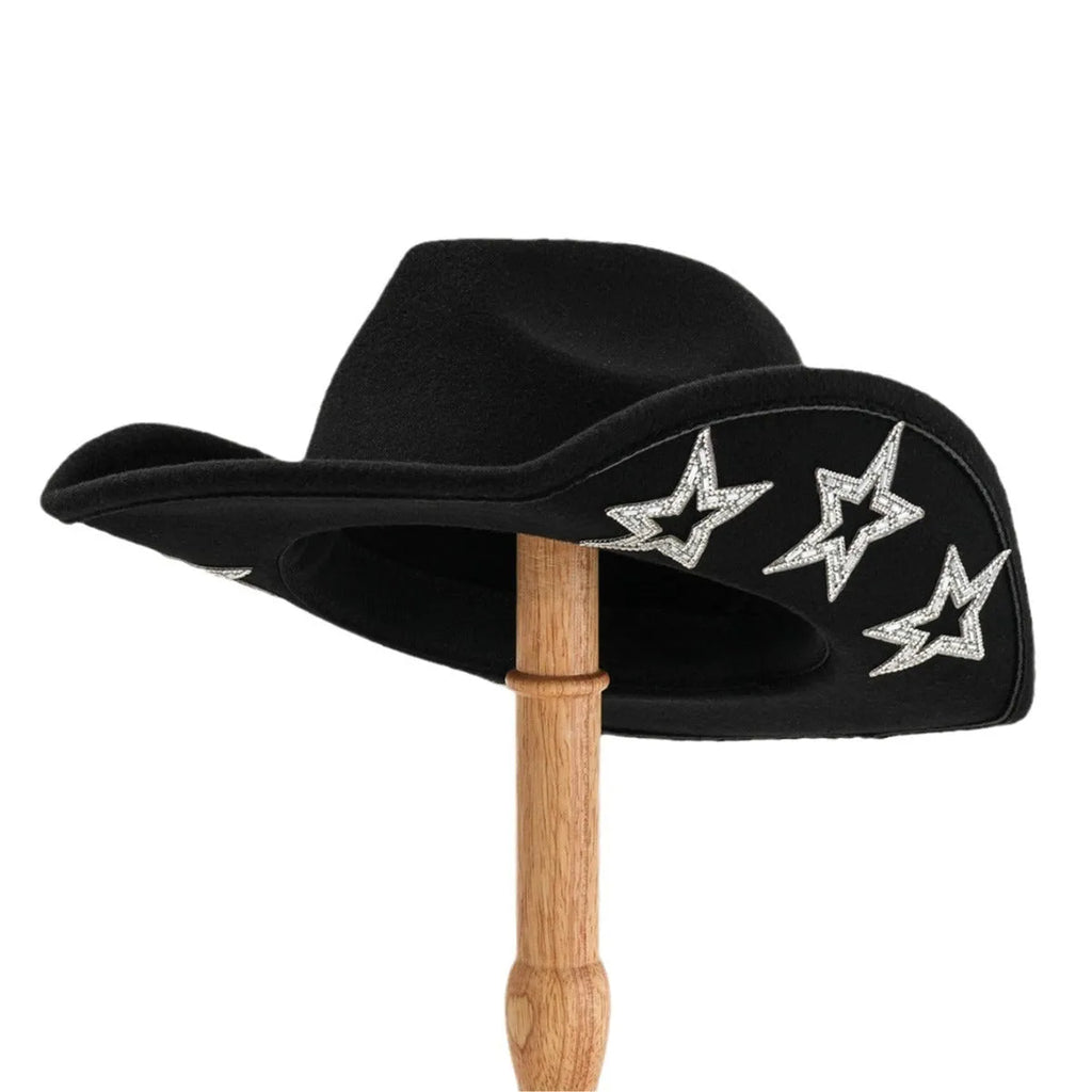 Brown polyester Western denim top hat with a conical crown and a silver hexagonal star decoration on the front.