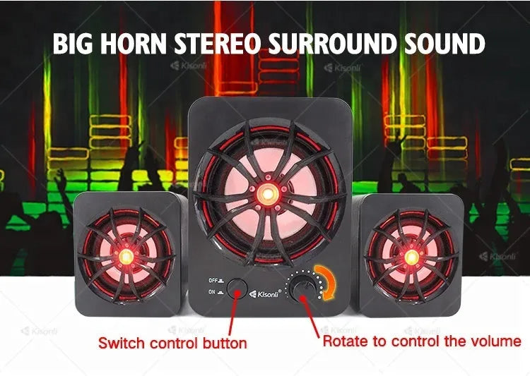 Green USB computer speaker with colourful glowing lights showing USB and audio jack ports