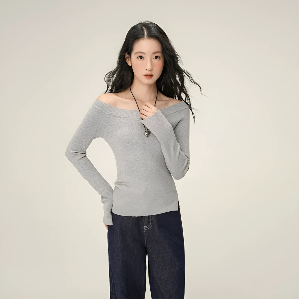 Women's soft knit oblique shoulder pullover sweater slim fit solid colour top in grey
