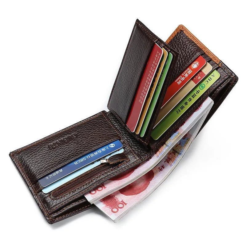 Soft leather men's wallet with personality stitching showing card slots and zipper compartment