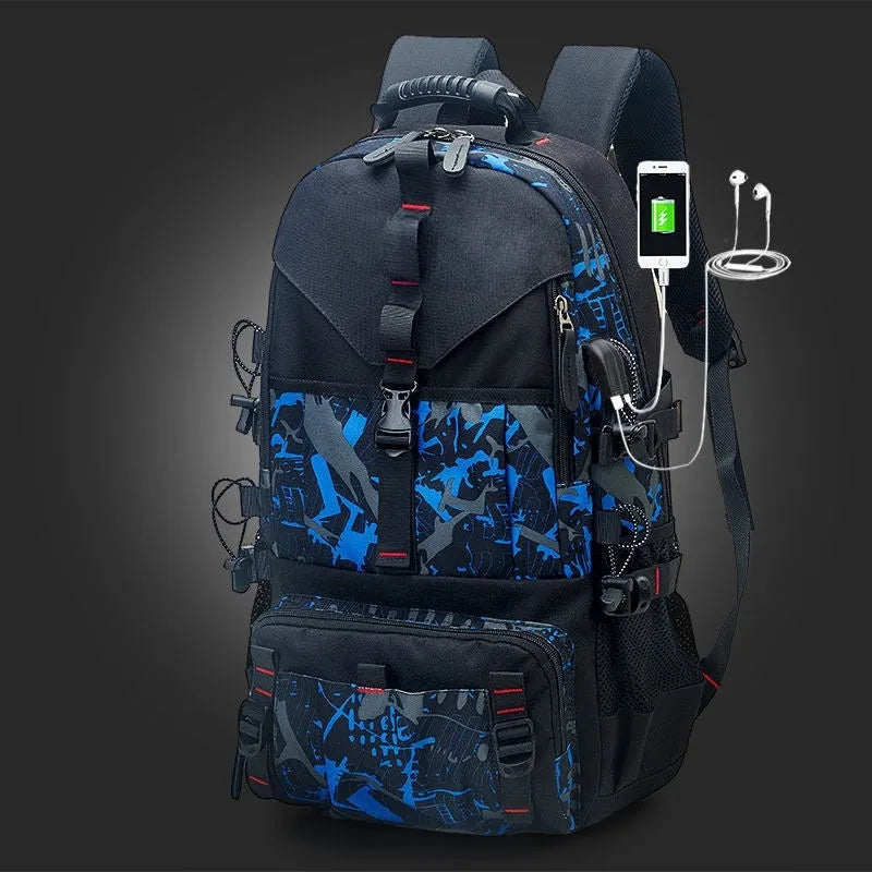 Men's waterproof Oxford cloth hiking backpack in camouflage design with 56-75L capacity