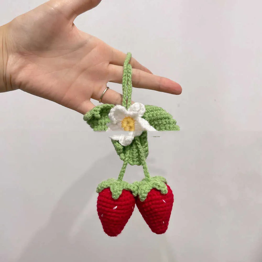 Handmade knitted strawberry car pendant decoration in cotton and hemp