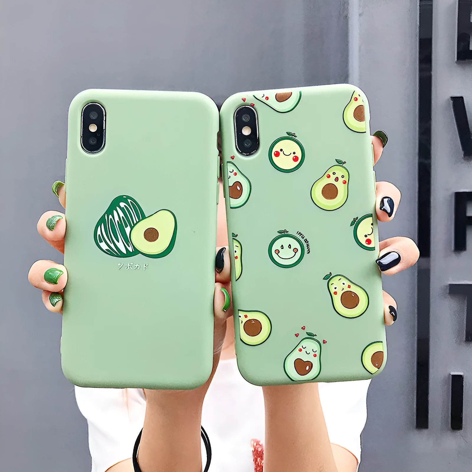 Cartoon avocado design TPU phone case for iPhone models showing back cover with fruit artwork