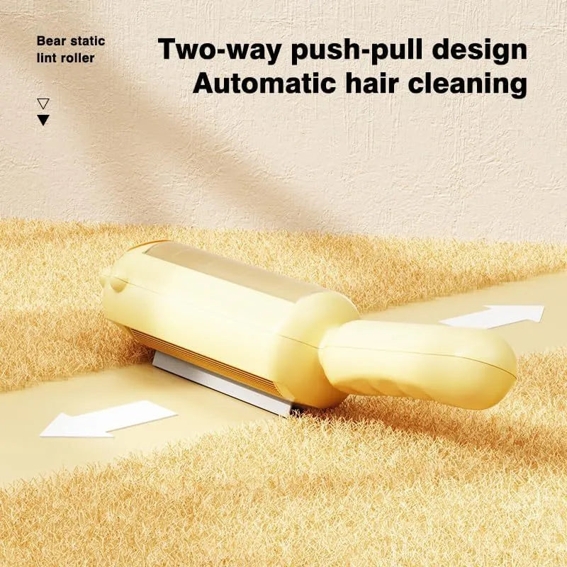 Self-cleaning pet hair remover tool in blue colour with rolling mechanism for furniture and car seat cleaning