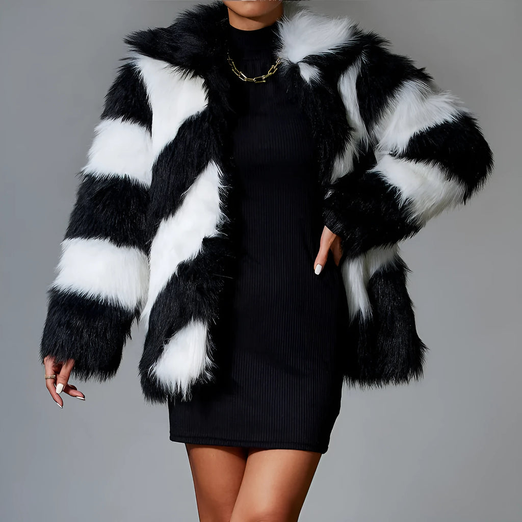 Women's minimalist faux fur coat with contrast color lapel and regular sleeves in picture color