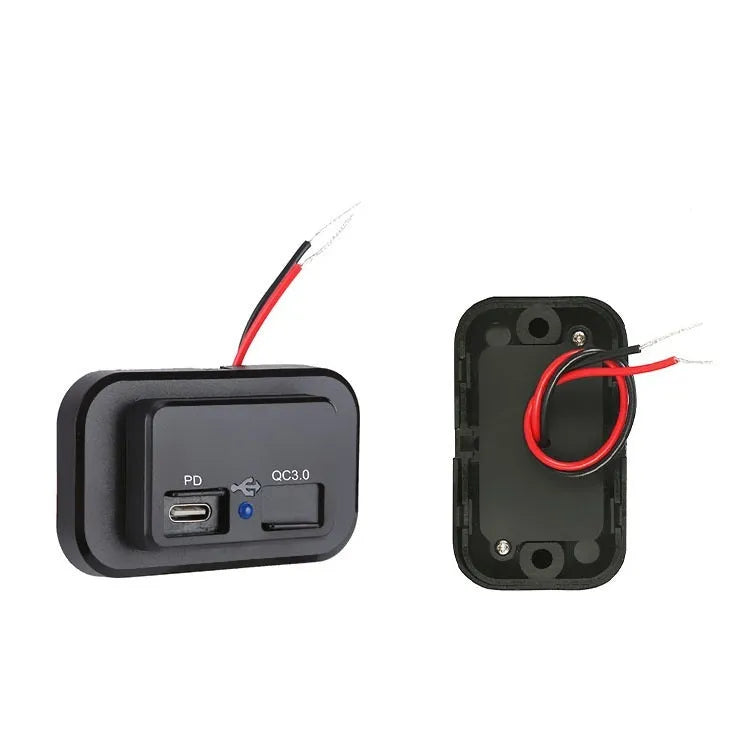 Black QC3.0 TYPE-C car charger with PD fast charging support and 36W output