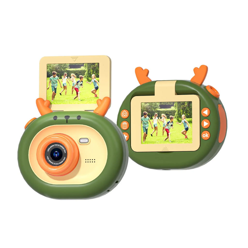 Purple children's digital camera with flip screen and silicone protective case on lanyard