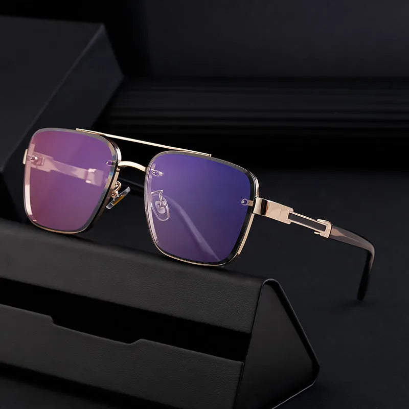 Men's vintage-style sunglasses with UV protection, shown in various colour options on a model.