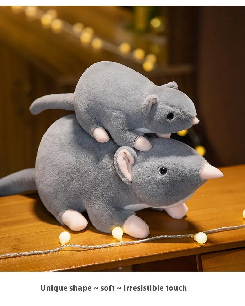 Cartoon mouse plush doll toy shown in three size options for youth companionship