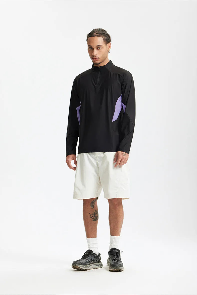Men's lightweight polyester top with stitching detail in solid colour, showing both long sleeve and short sleeve options