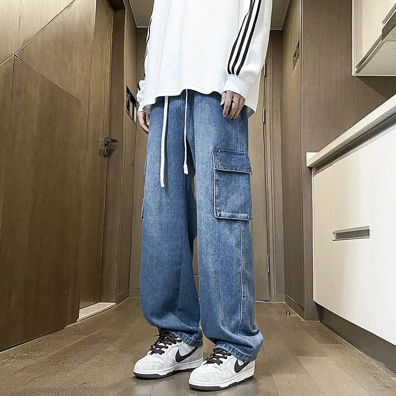 Men's cotton straight leg jeans in dark blue American retro workwear style