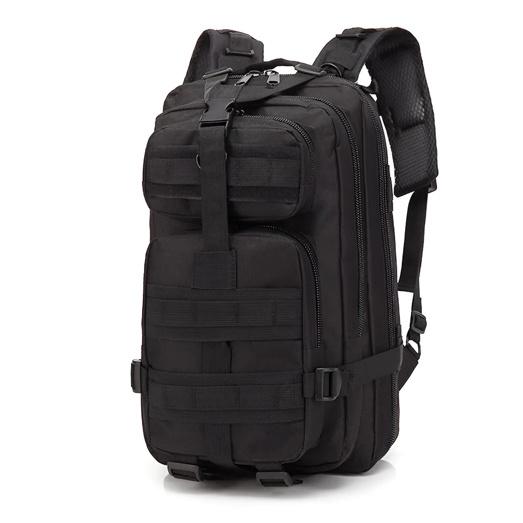 Large khaki coloured off-road hiking backpack with air pillow belt system on a rocky outdoor trail.