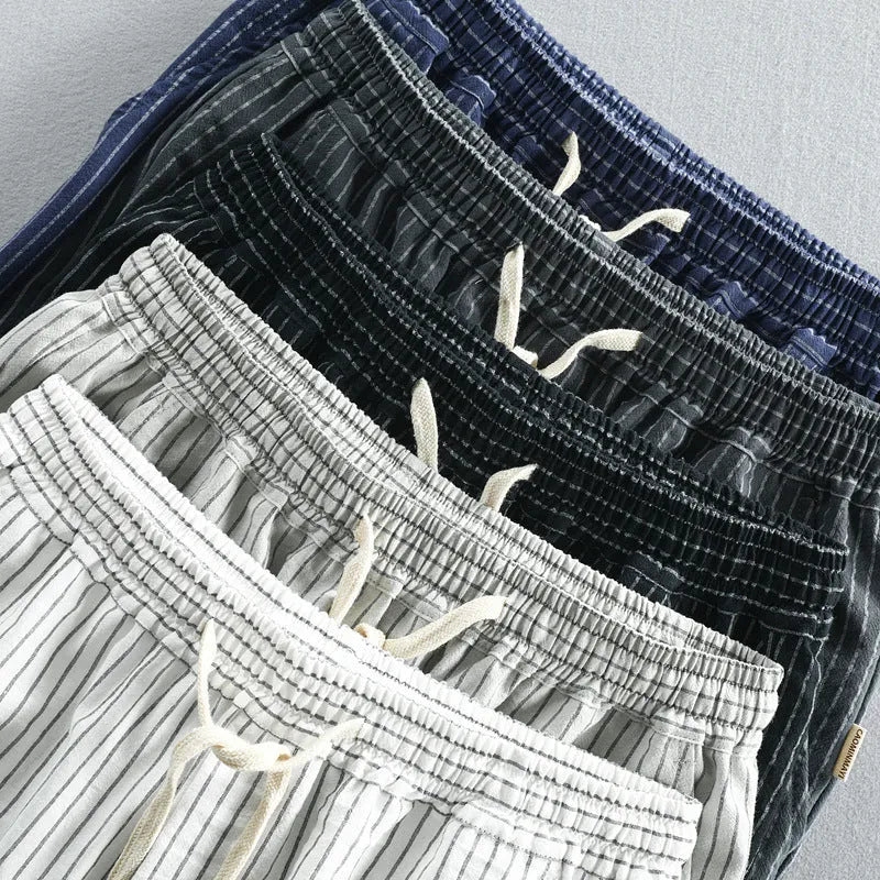 Men's striped casual cotton shorts with micro elasticity in loose straight leg design
