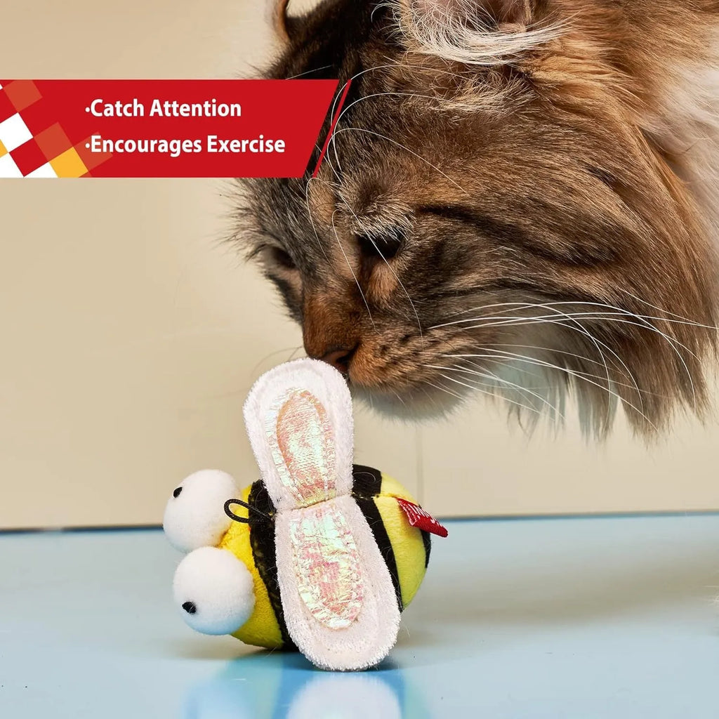 Yellow bee-shaped electronic cat toy with motion-activated squeaking sounds
