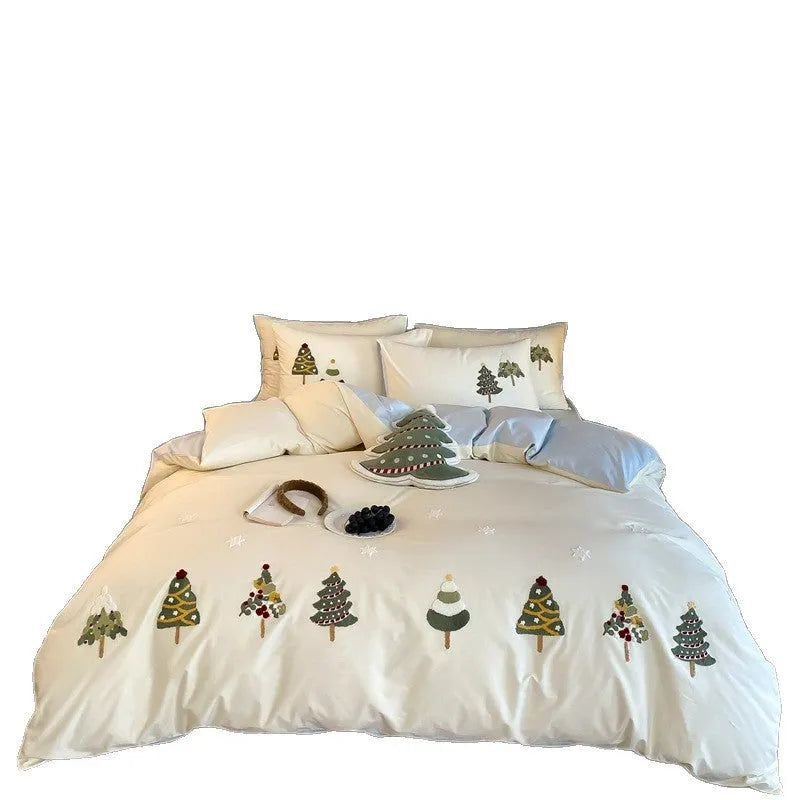 Christmas tree embroidered cotton bedding set with duvet cover, sheet and pillowcases