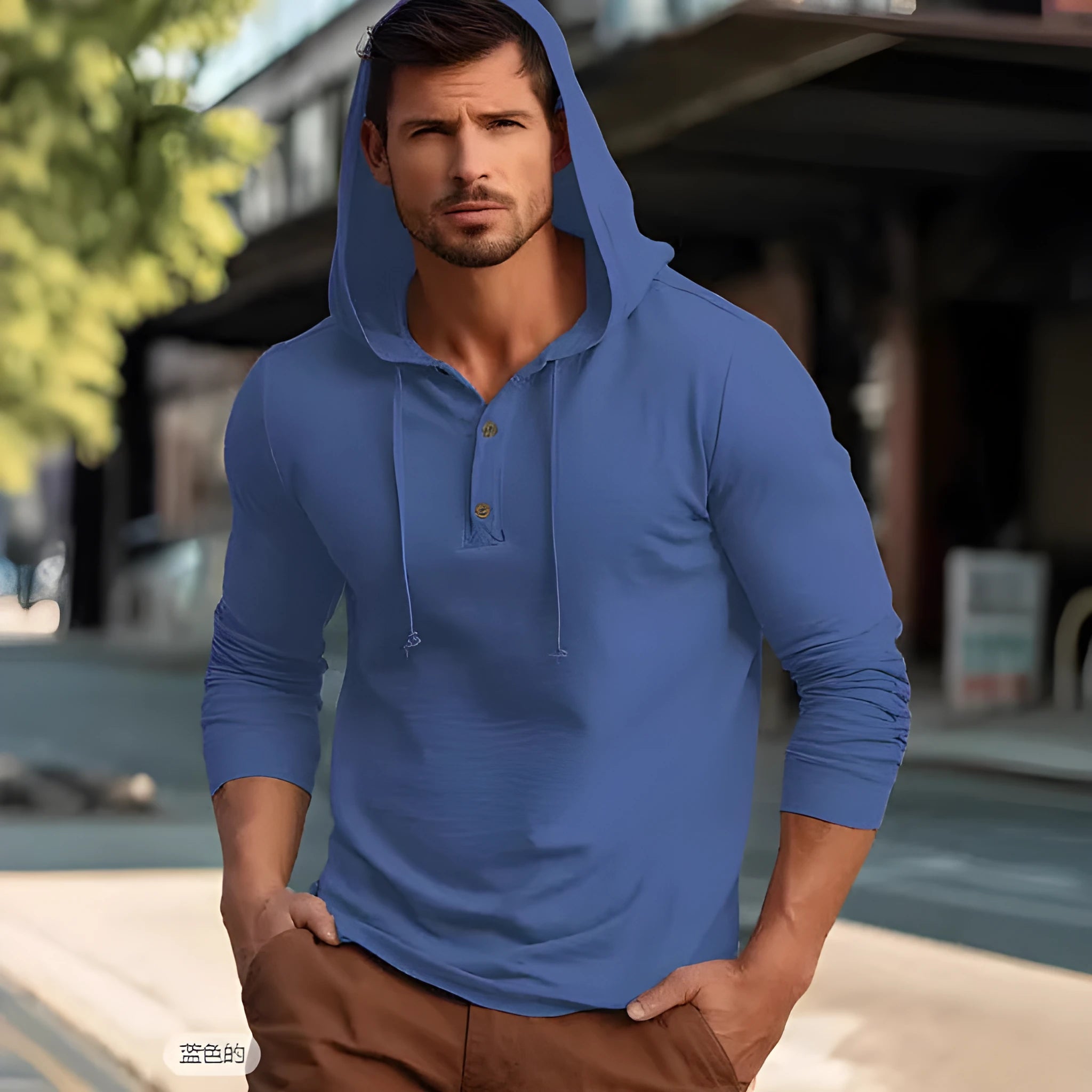 Men's dark blue cotton hoodie pullover with long sleeves on a hanger