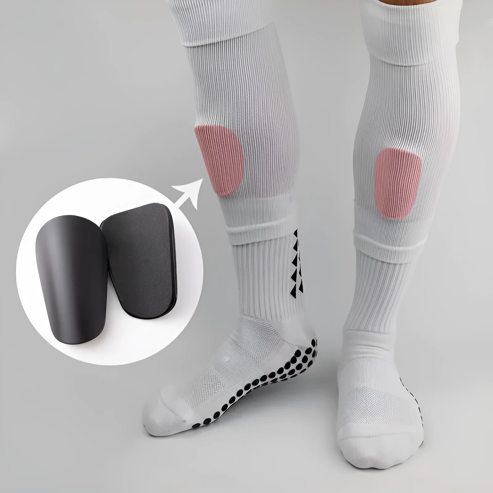 Pair of PU mini shin guards in Dream Blue colour, shown on a leg for scale.