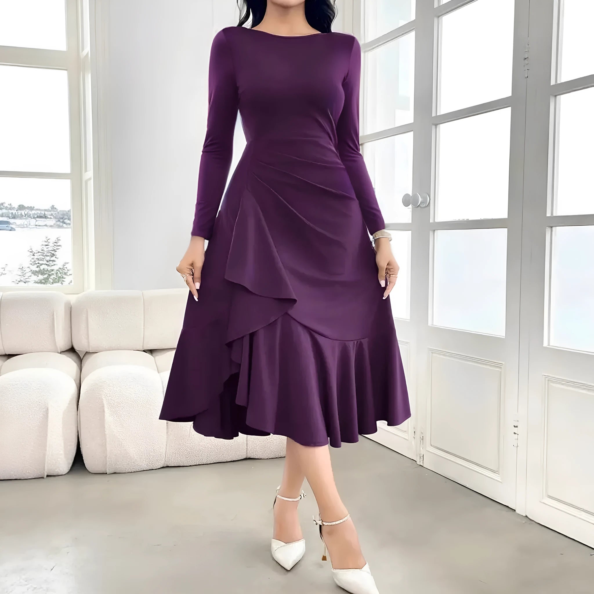 Purple women's long sleeve dress with round neck and ruffle detail on a mid waist.