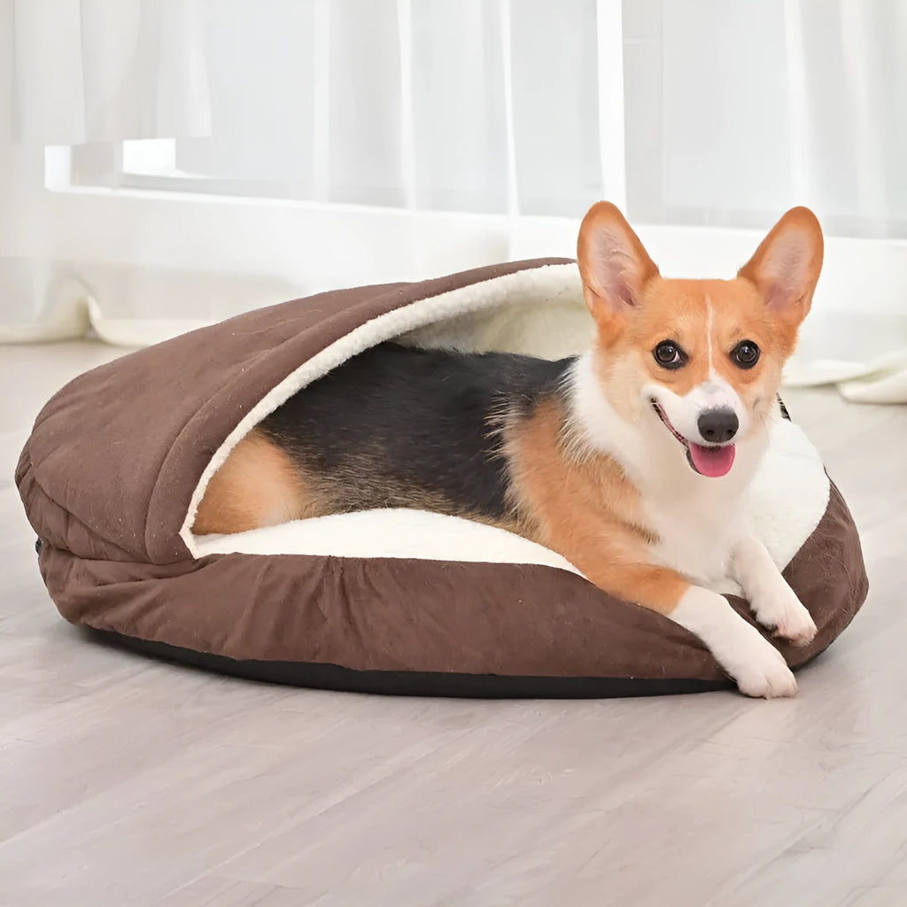 Brown removable washable cloth dog kennel for indoor use with a small dog.
