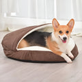 Brown removable washable cloth dog kennel for indoor use with a small dog.