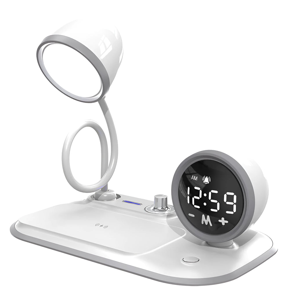 Three-in-one desk lamp with wireless charging pad, digital clock display, and LED lighting in black or white