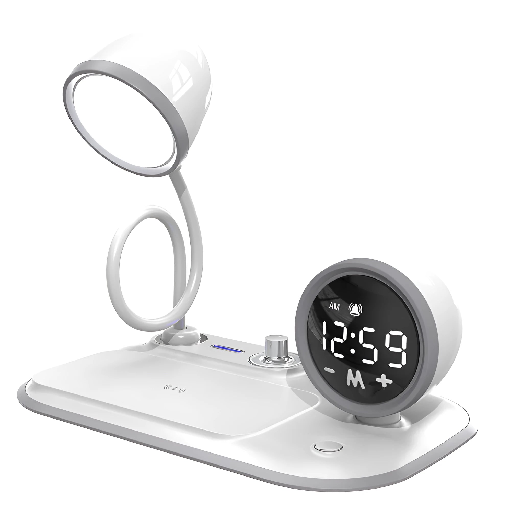 Three-in-one desk lamp with wireless charging pad, digital clock display, and LED lighting in black or white