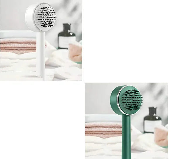Plastic air cushion comb with long handle in white, green, and pink colours for hair detangling and styling