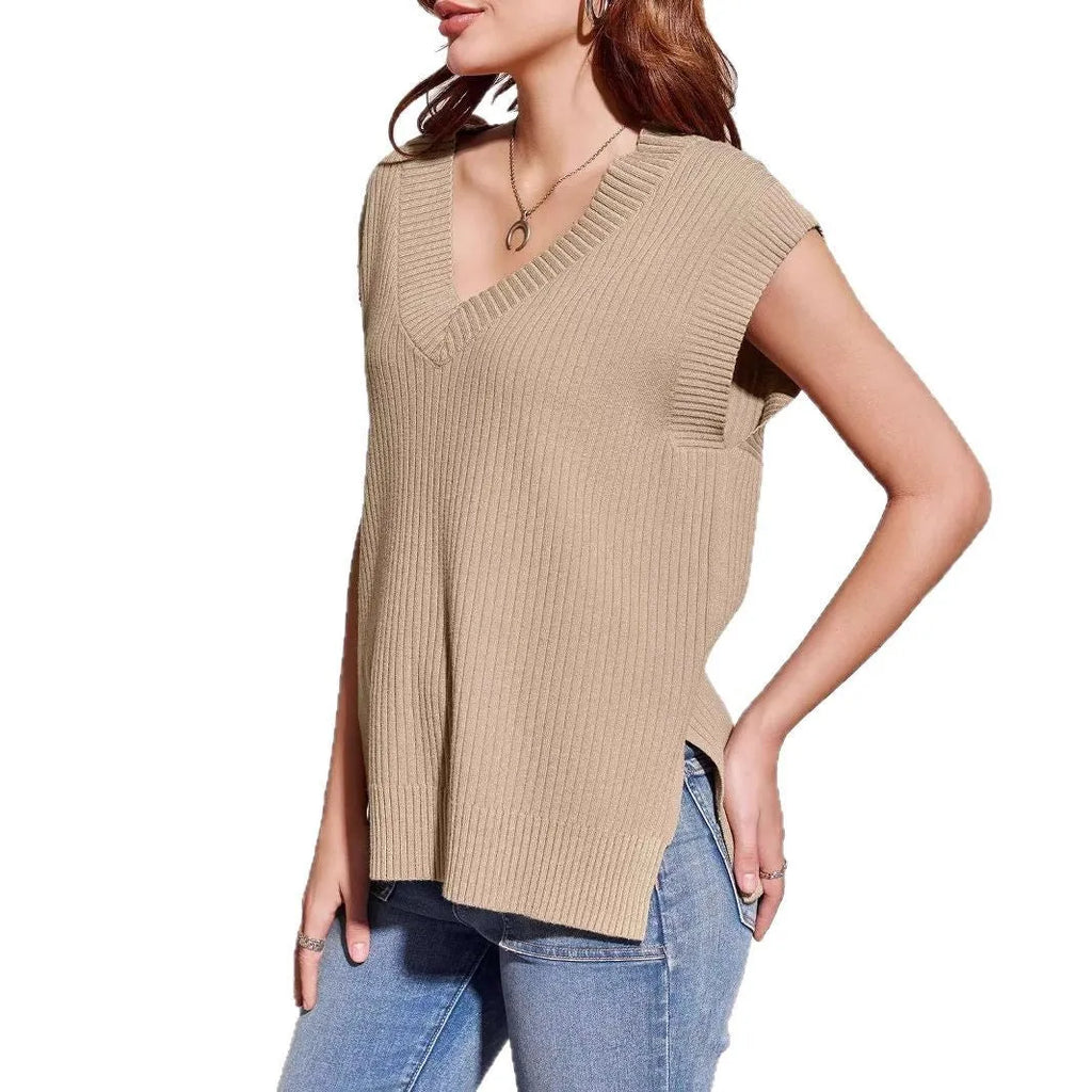 Camel coloured loose fit V-neck sleeveless vest with striped pattern on hanger
