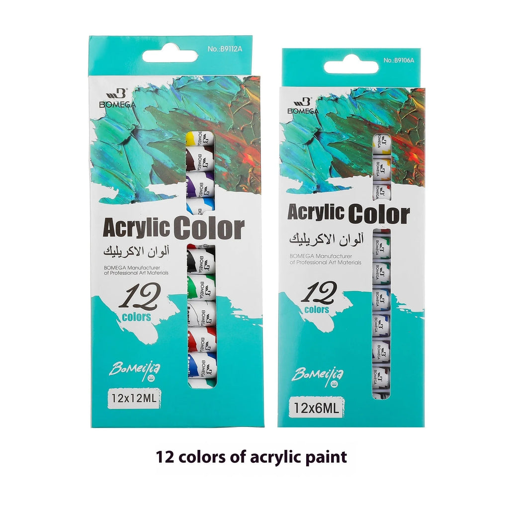 Set of artist paint tubes for acrylic, gouache, watercolour, oil, glass and textile painting in 12 colours.