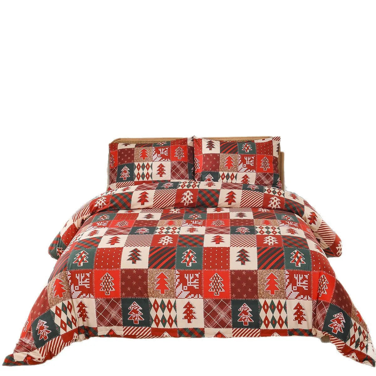 Red and black plaid Christmas pattern quilt cover and pillowcases on a bed.