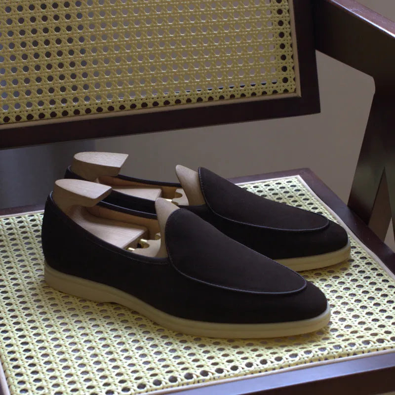 Men's genuine leather loafers in brown with a TPR sole and low tube sock design.