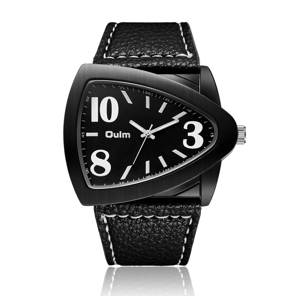 Men's casual watch with a distinctive triangular belt strap, shown in brown, black, and blue colour options.