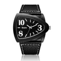 Men's casual watch with a distinctive triangular belt strap, shown in brown, black, and blue colour options.