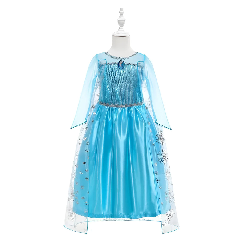 Blue Frozen Queen Elsa children's dress with polyester lining, size options 100cm to 150cm, front view