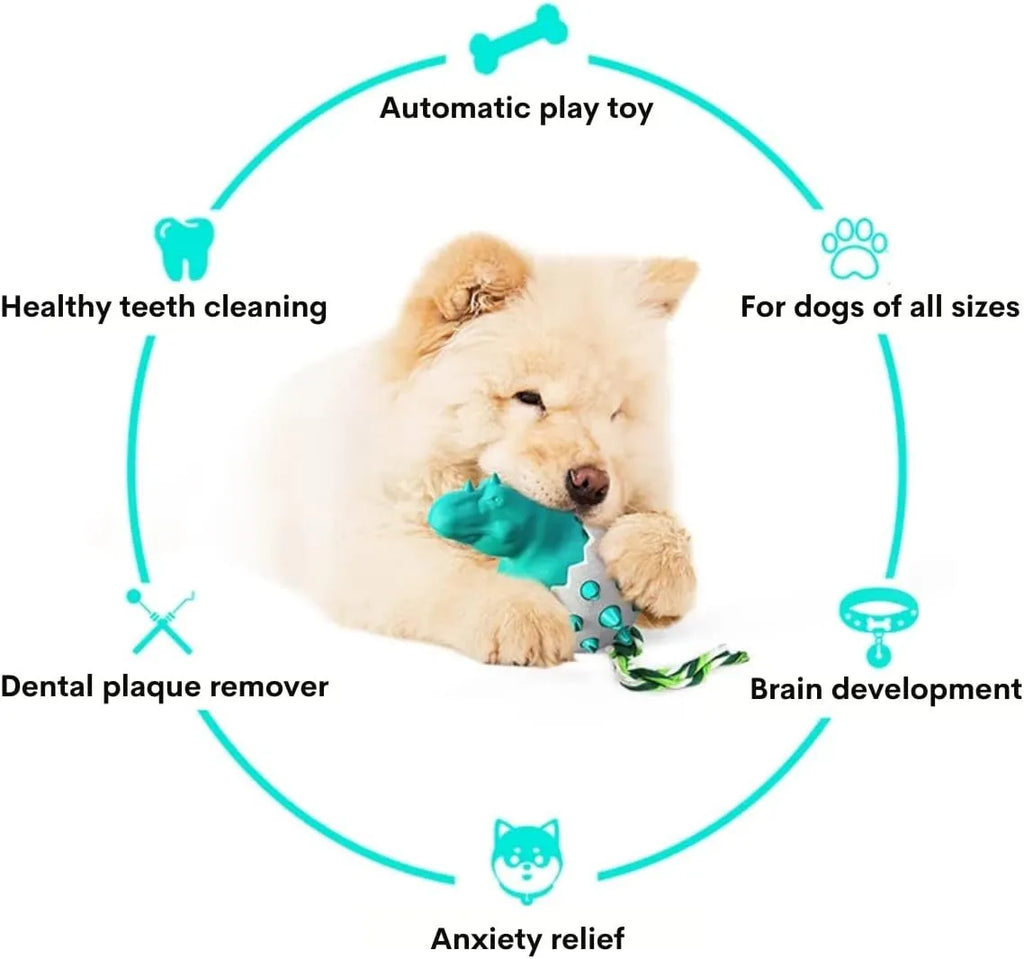 Dinosaur design blue rubber dog chew toy with rope for aggressive chewers