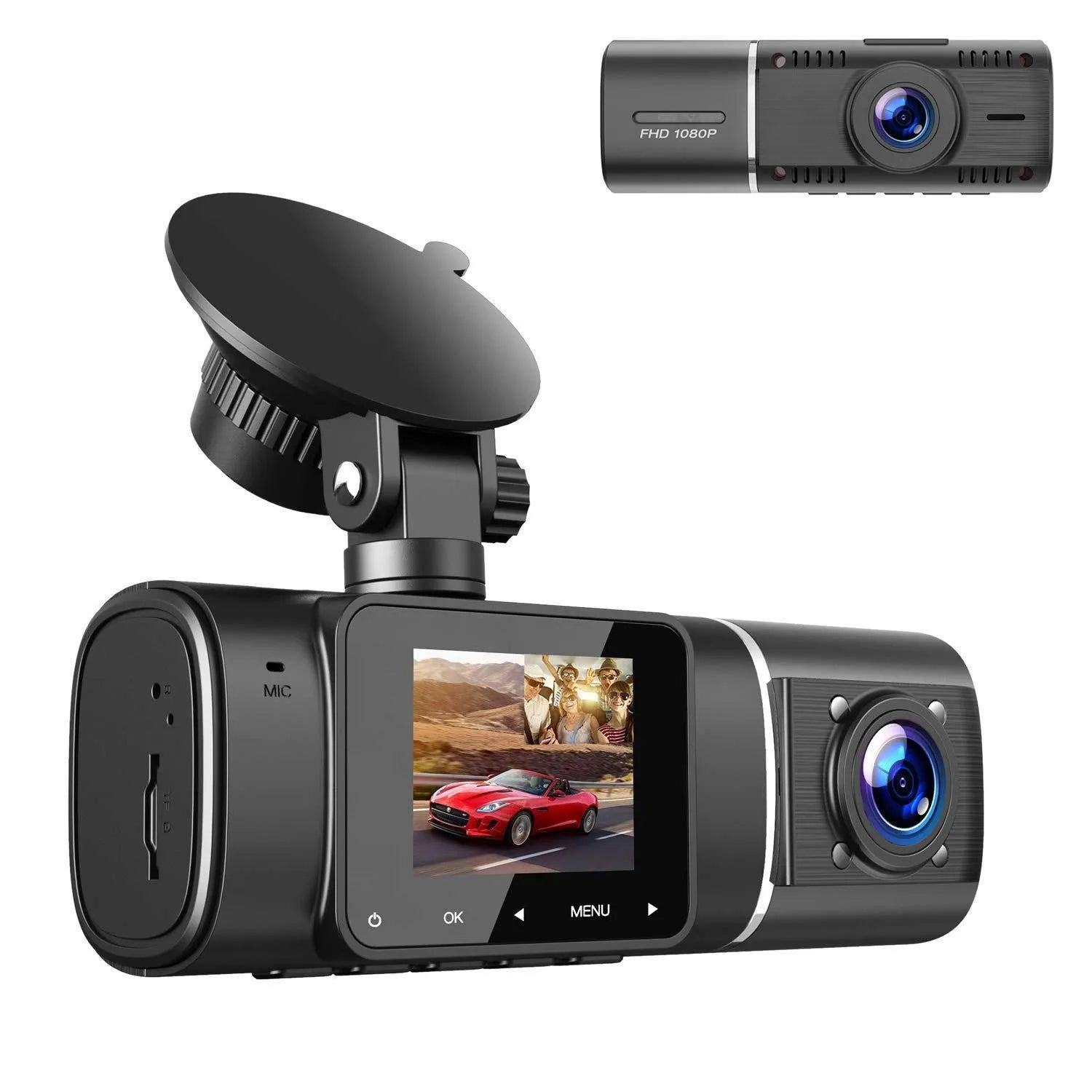 Standard black car dash camera for front and rear recording with a 1.5-inch screen