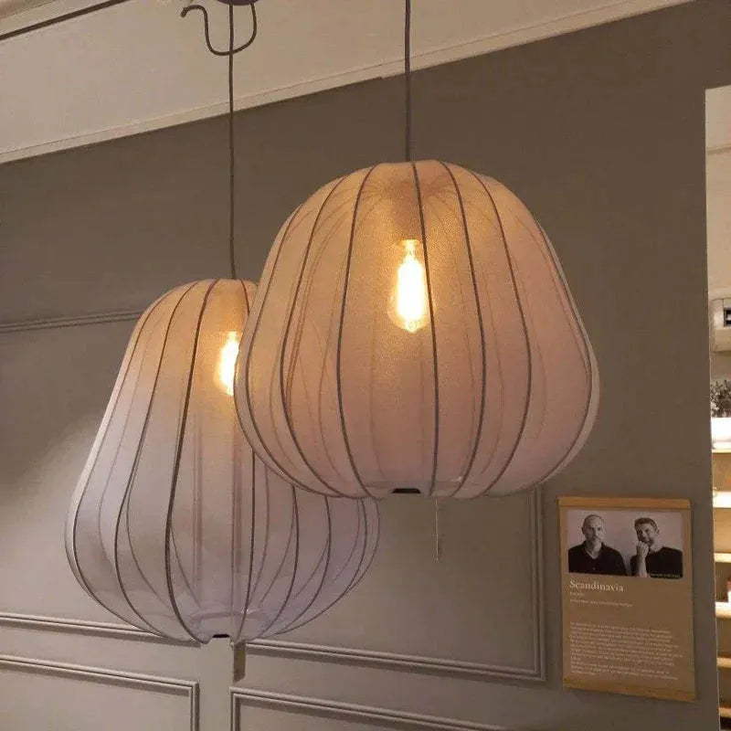 Japanese style pumpkin-shaped ceiling lamp with iron construction in white or grey blue finish