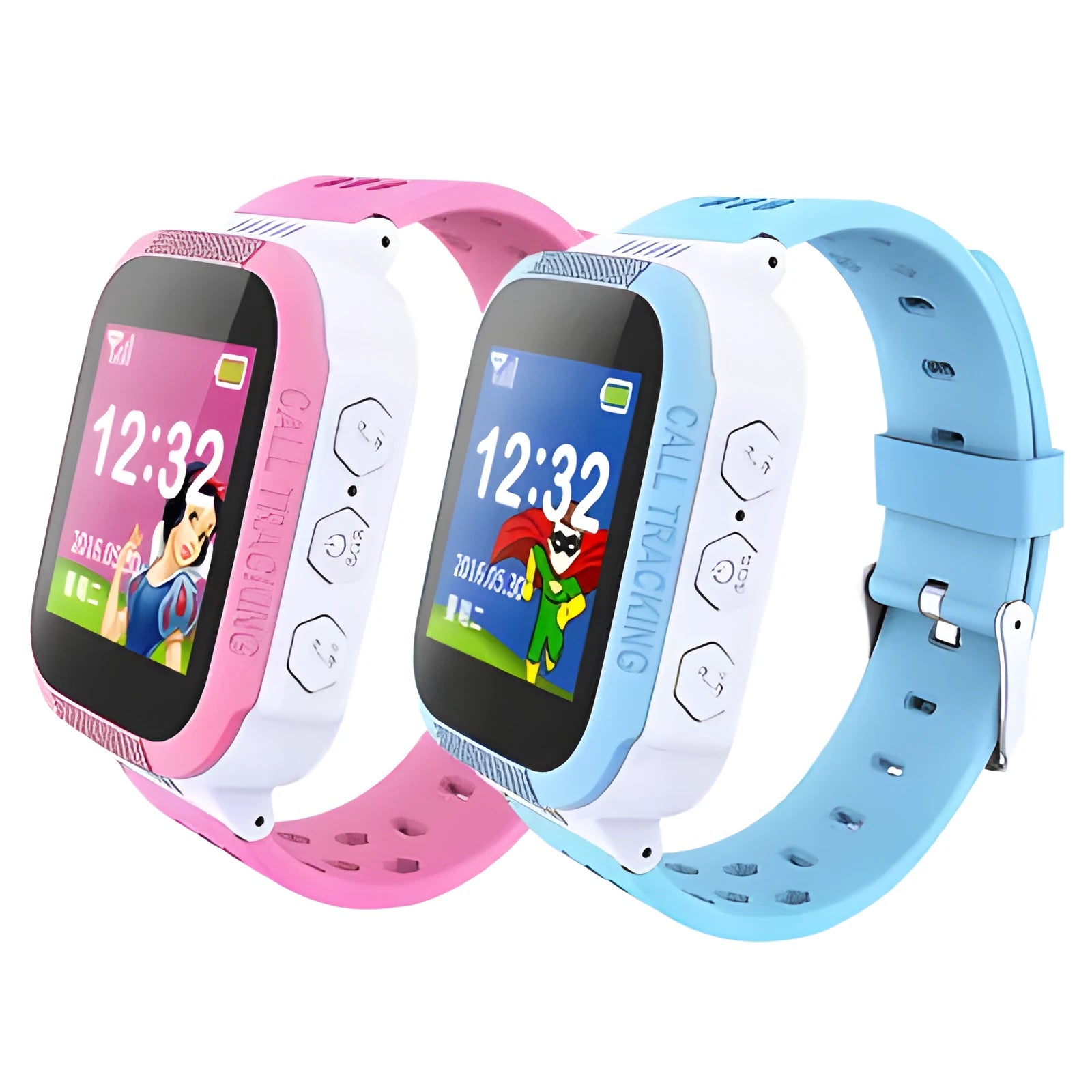 Blue children's phone watch with 1.44-inch IPS touchscreen displayed on wrist.