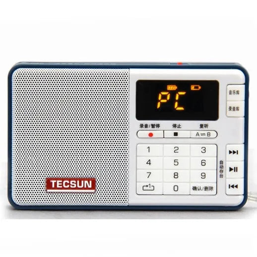 Tecsun Q3 digital audio player in black showing front panel with buttons and TF card slot
