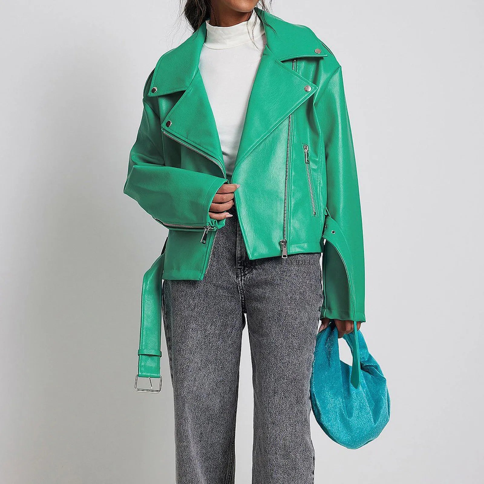 Punk short belt lapel locomotive style jacket in black with Peter Pan collar.