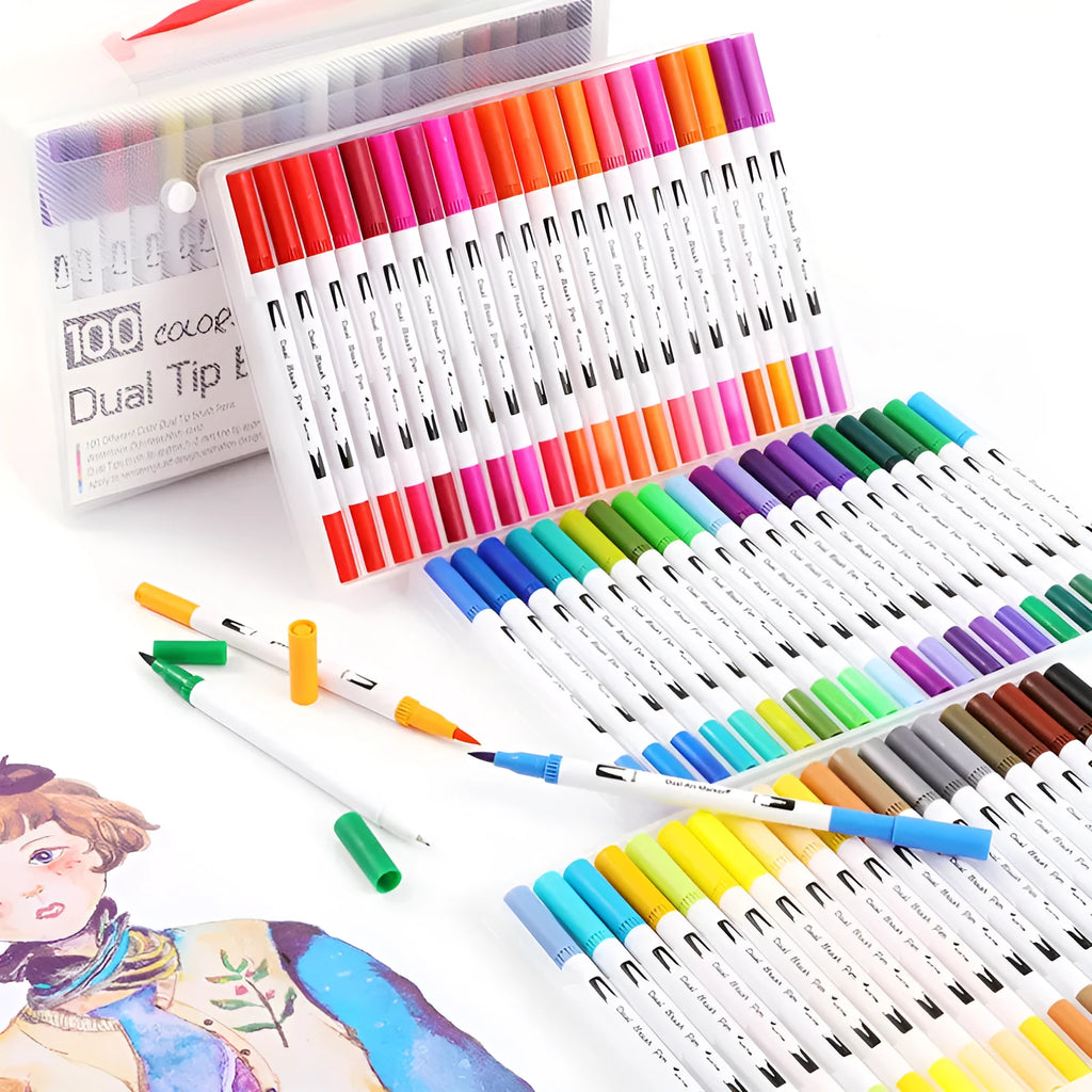 Set of watercolour brush pens with nylon tips in a case, showing multiple colours for illustration and calligraphy.