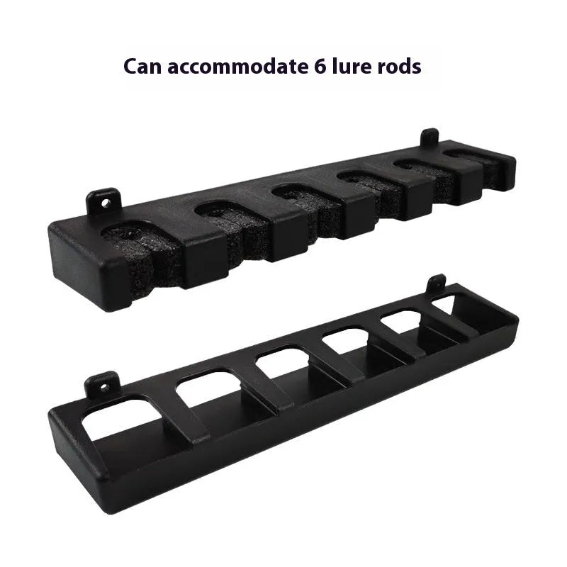 Black ABS plastic wall-mounted fishing rod holder for vertical rod storage organisation