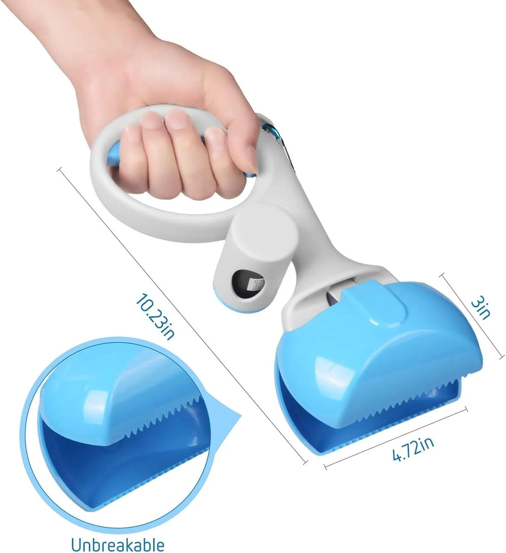 Black ABS plastic pet pooper scooper with integrated trash bag holder and top hook
