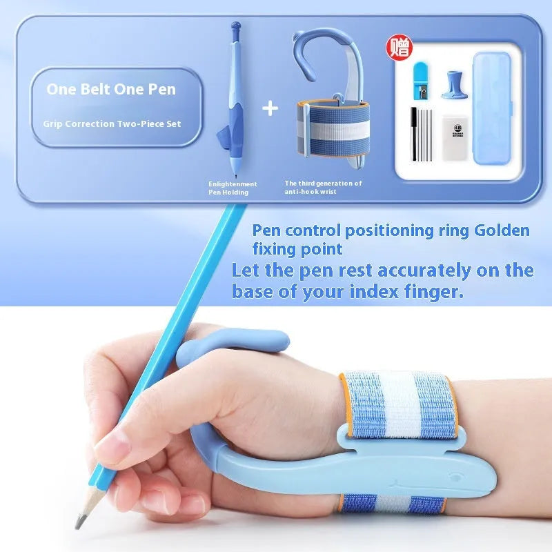 Blue Anti-hook Holder Pen Control Corrector wrist brace for pen grip correction.