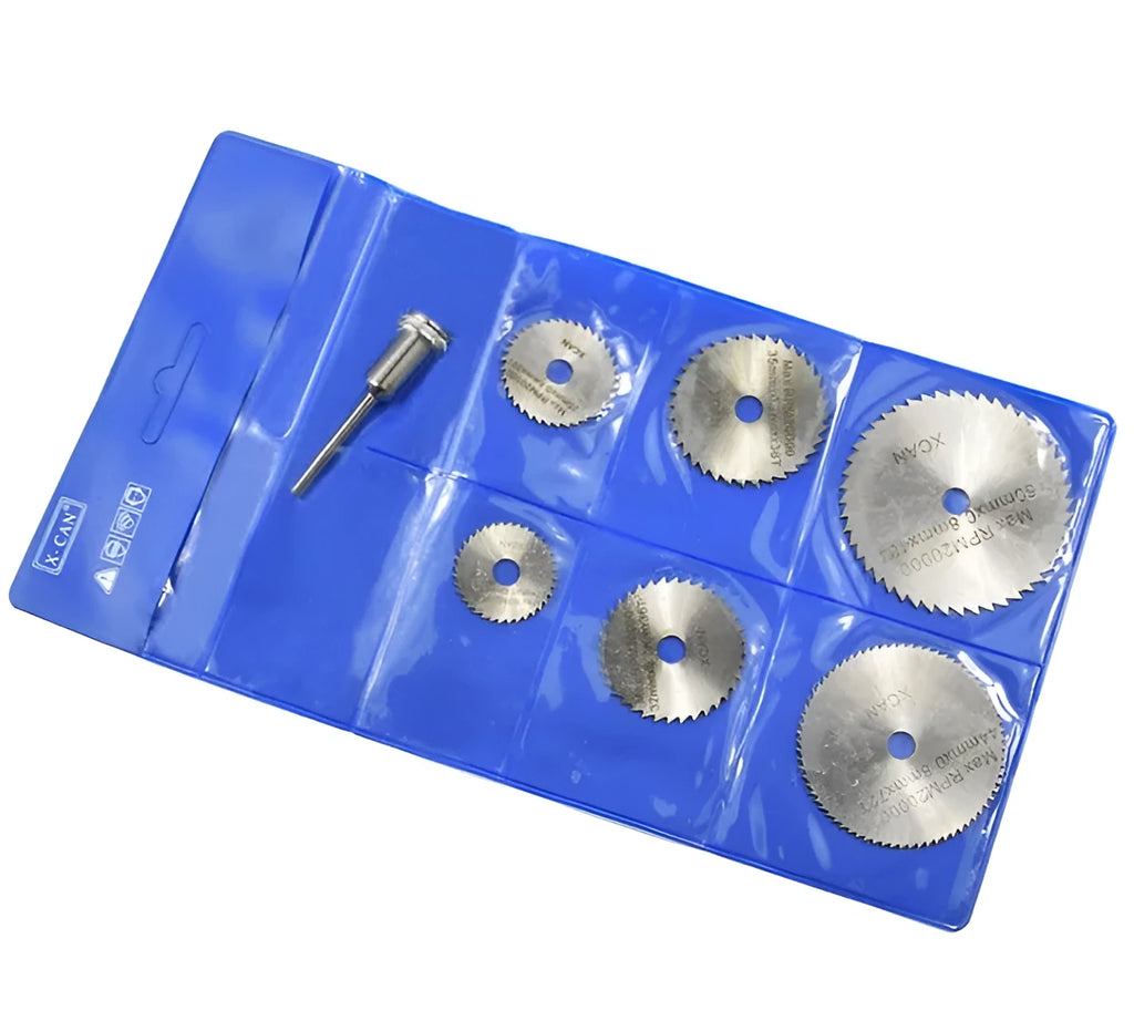 Six circular saw blades with mandrel for woodworking tools