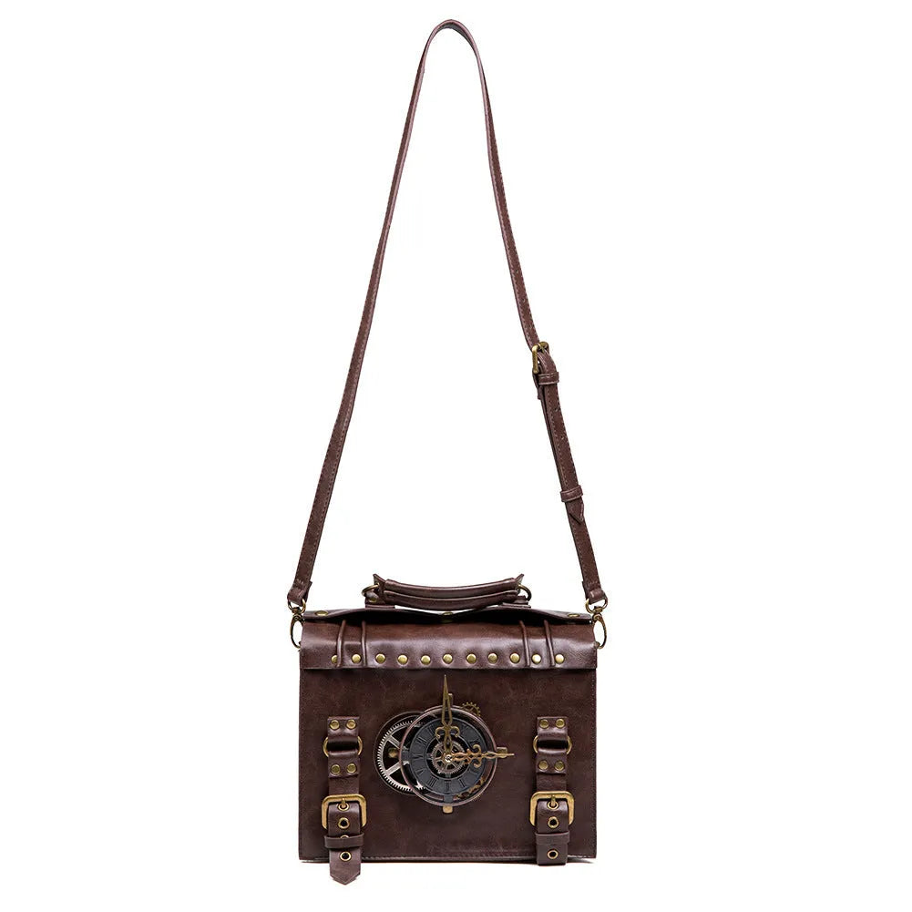 Bronze steampunk pillow shoulder bag with metal details on a horizontal square shape