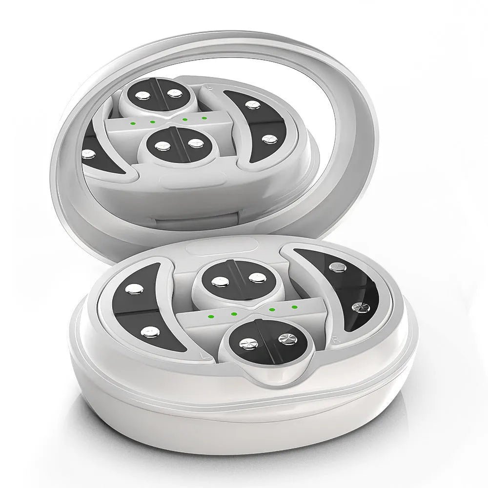 White wireless red light and EMS eye and face massager for home beauty treatment.