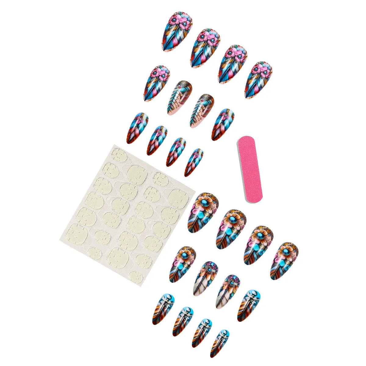 Plastic nail art set with coloured feather armour, butterflies, hearts, and floral patterns for retro manicures.